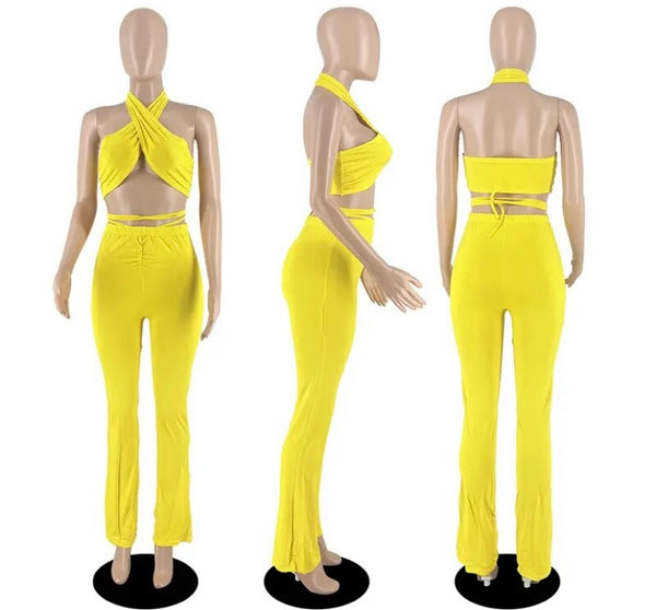 Women Sexy Solid Color Halter Sleeveless Two Piece Pant Set