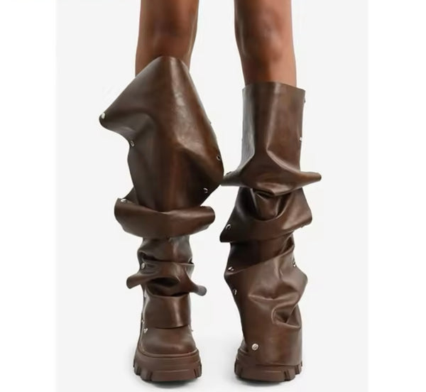 Women Fashion Faux Leather Button Platform Knee High Boots