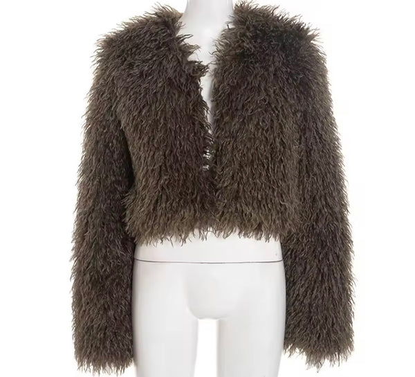 Women Brown Fashion Faux Fur Jacket Two Piece PU Short Set