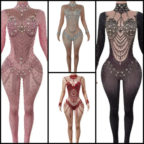 Women Sexy Beaded Crystal Full Sleeve Jumpsuit