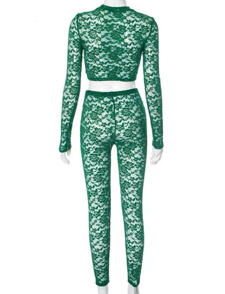 Women Sexy Green Lace Full Sleeve Two Piece Pant Set