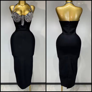 Women Sexy Halter Sleeveless Black Rhinestone Bandage Dress
