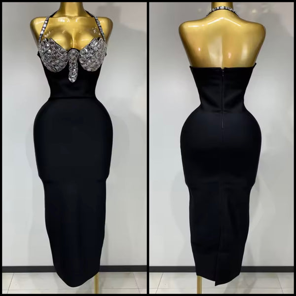 Women Sexy Halter Sleeveless Black Rhinestone Bandage Dress