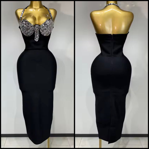Women Sexy Halter Sleeveless Black Rhinestone Bandage Dress