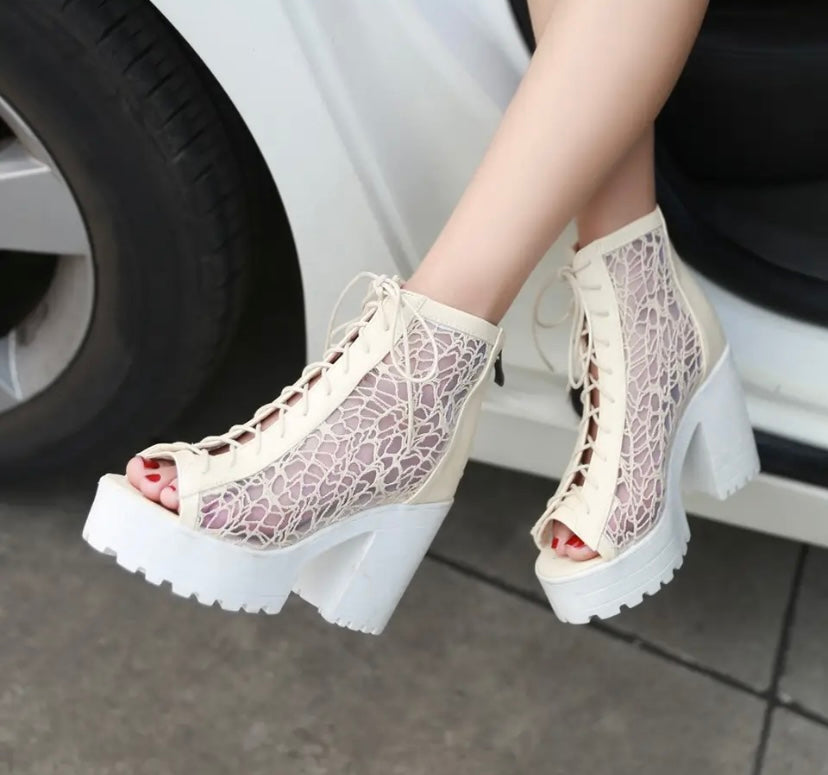 Women Fashion Open Toe Lace Platform Tie Up Ankle Boots