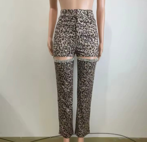 Women Fashion Leopard Cut Out Rhinestone Pants