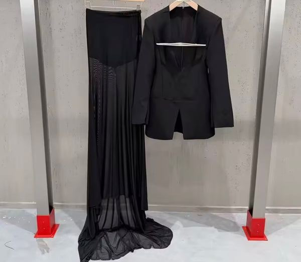 Women Black Brooch Design Blazer Two Piece Maxi Skirt Set
