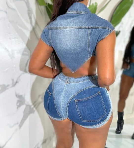 Women Sexy Fashion Denim Two Piece Short Set