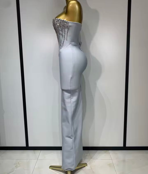 Women Sexy Strapless Gray Corset Rhinestone Bandage Maxi Dress