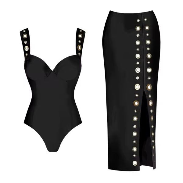 Women Sexy Black Metal Cut Out Swimsuit Cover Up Set