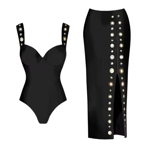 Women Sexy Black Metal Cut Out Swimsuit Cover Up Set