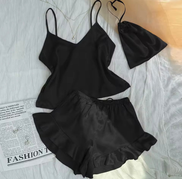 Women Sleeveless Satin Ruffled Lingerie Set