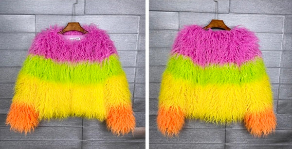 Women Fashion Multicolored Faux Fur Jacket