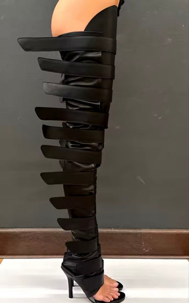 Women Fashion Open Toe Over The Knee Black Snap Boots