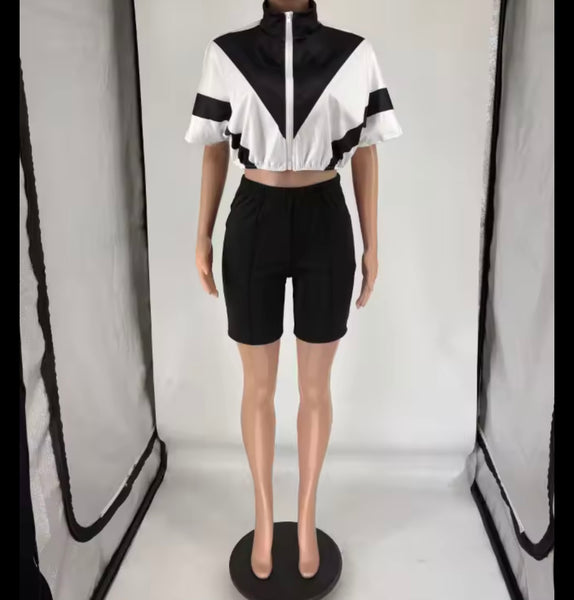 Women Fashion Color Patchwork Zip Up Short Sleeve Two Piece Short Set