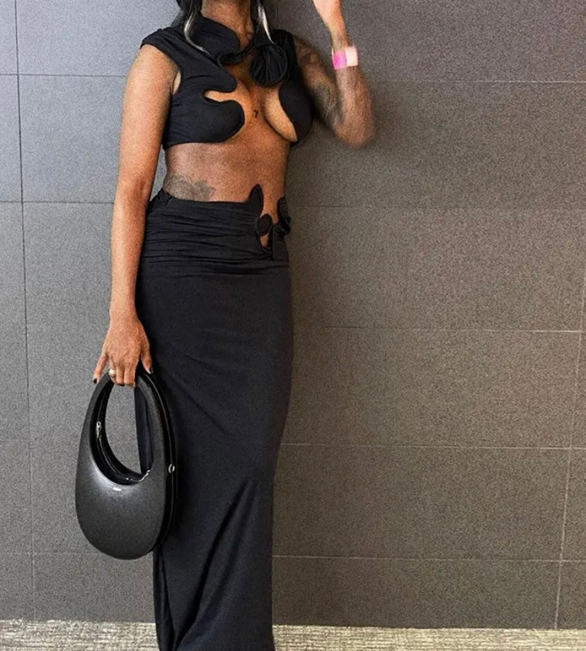 Women Sexy Sleeveless Crop Two Piece Maxi Skirt Set