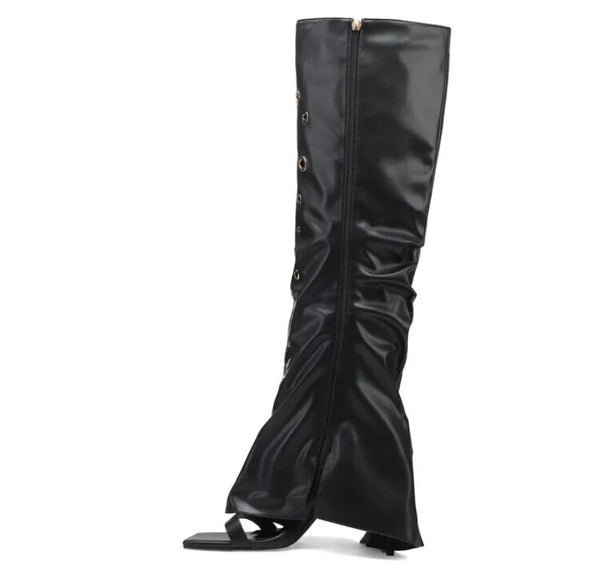 Women Open Toe Fashion Faux Leather Black Rivet Knee High Boots