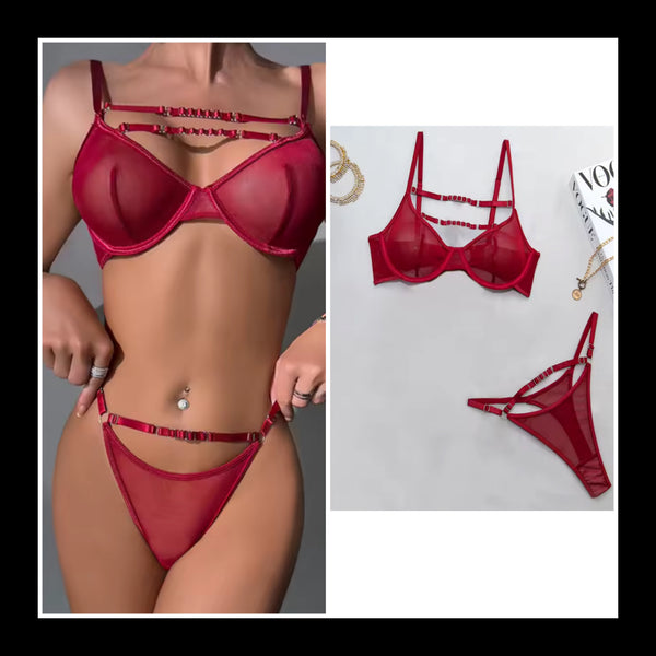 Women Burgundy Mesh Sexy Lingerie Set
