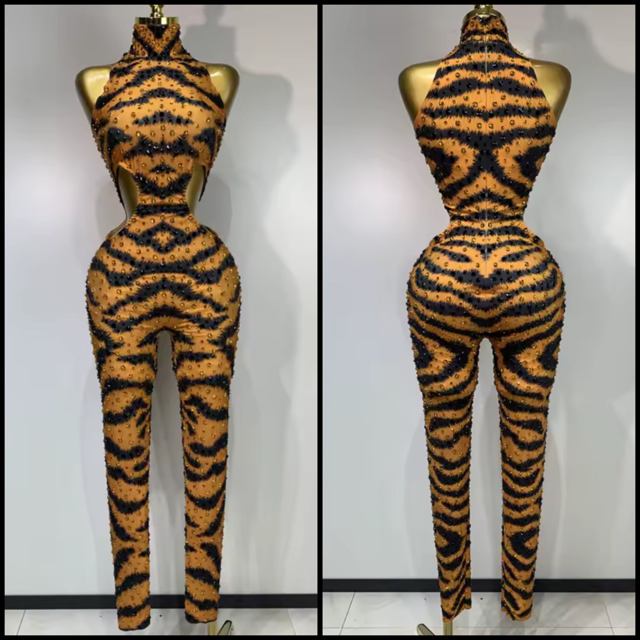 Women Sexy Orange Printed Rhinestone Sleeveless Jumpsuit