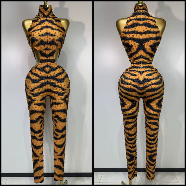 Women Sexy Orange Printed Rhinestone Sleeveless Jumpsuit