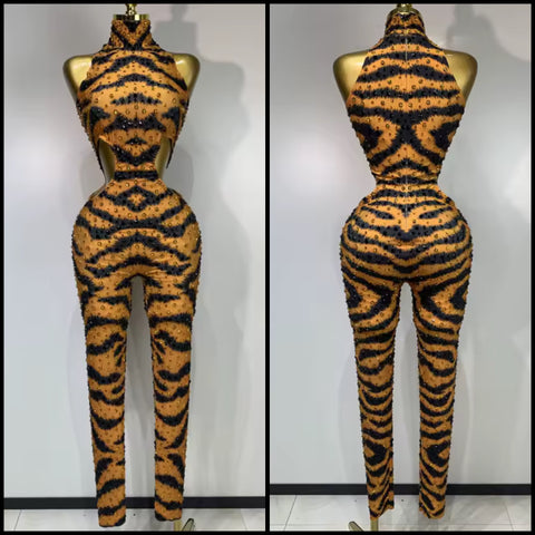 Women Sexy Orange Printed Rhinestone Sleeveless Jumpsuit