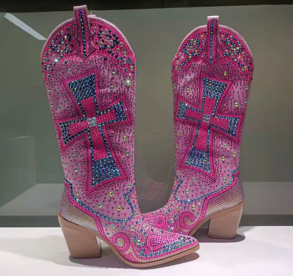 Women Fashion Colorful Print Bling Knee High Western Boots