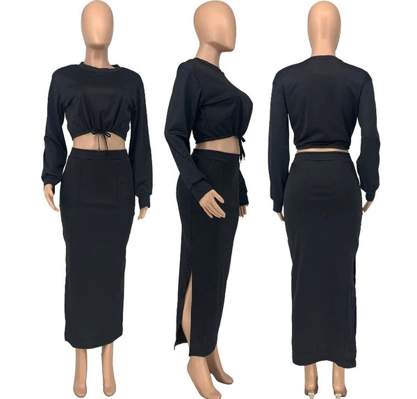 Women Fashion Full Sleeve Drawstring Crop Two Piece Maxi Skirt Set