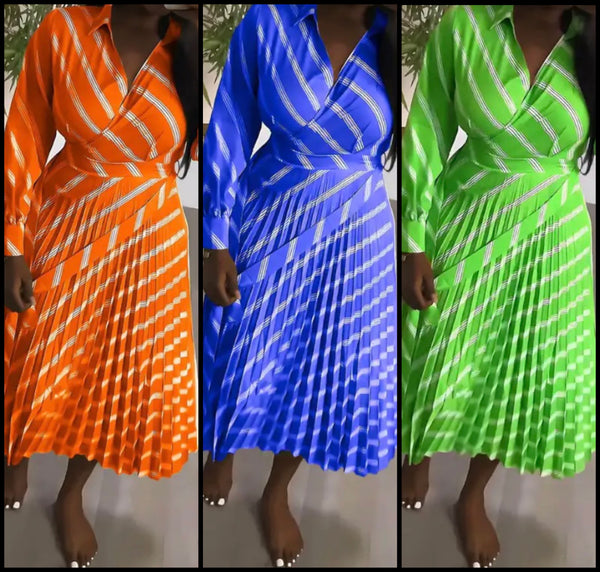 Women Full Sleeve Striped Pleated Maxi Dress