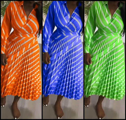 Women Full Sleeve Striped Pleated Maxi Dress