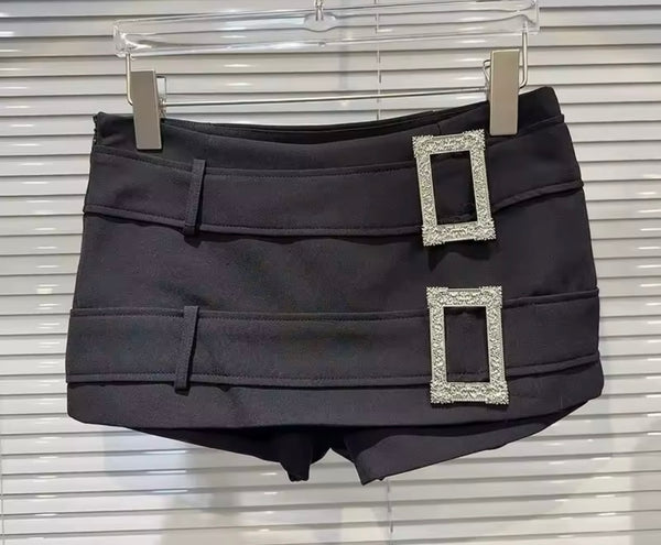 Women Black Metal Buckle Fashion Wrap Shorts