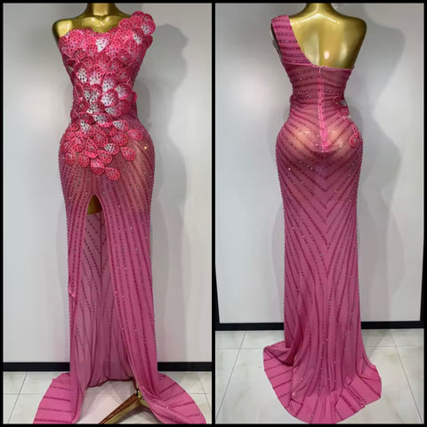 Women Pink One Shoulder Sleeveless Rhinestone Floral Mesh Maxi Dress