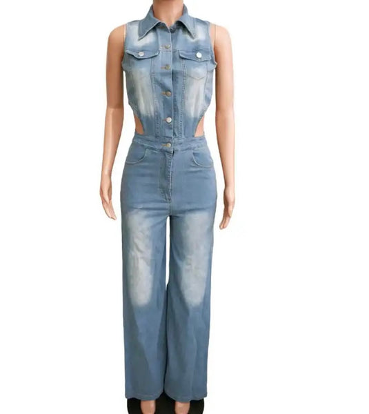 Women Sleeveless Button Fashion Denim Jumpsuit