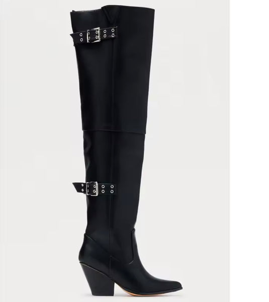 Women Black Buckled Fashion Over The Knee Western Boots