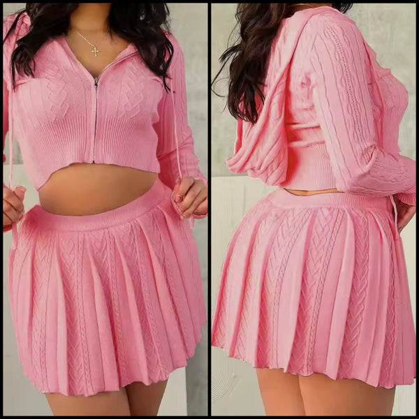 Women Fashion Pink Hooded Zip Up Two Piece Pleated Skirt Set