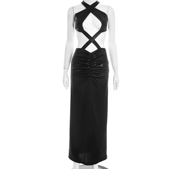 Women Sexy Halter Criss Cross Cut Out PU Ruche Maxi Dress