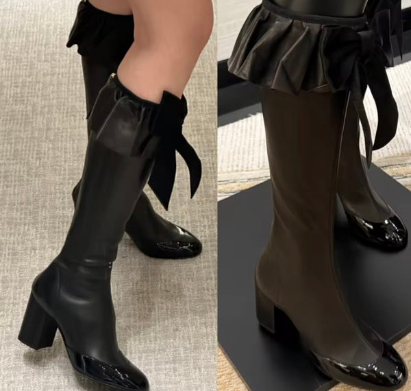 Women Fashion Ruffled Bow Faux Leather Knee High Boots