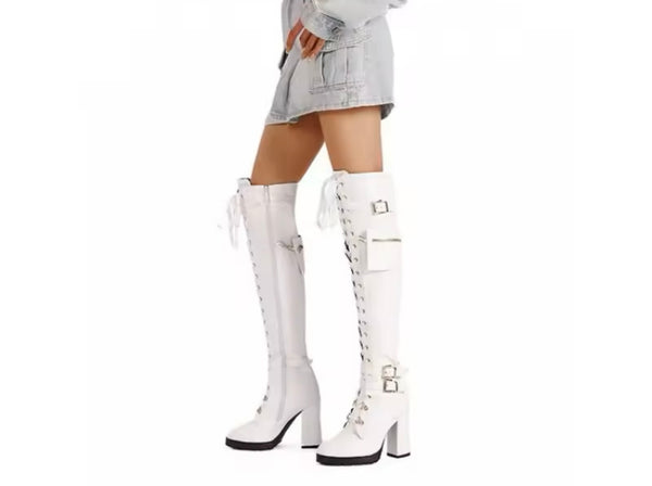 Women Fashion Buckled Pocket Platform Knee High Boots