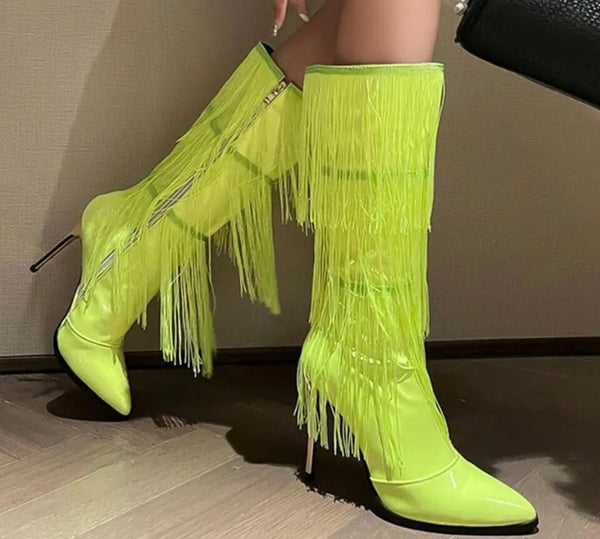 Women Pointed Toe Patent Leather Tassel Fashion Boots