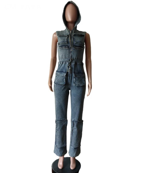 Women Fashion Hooded Sleeveless Drawstring Denim Jumpsuit