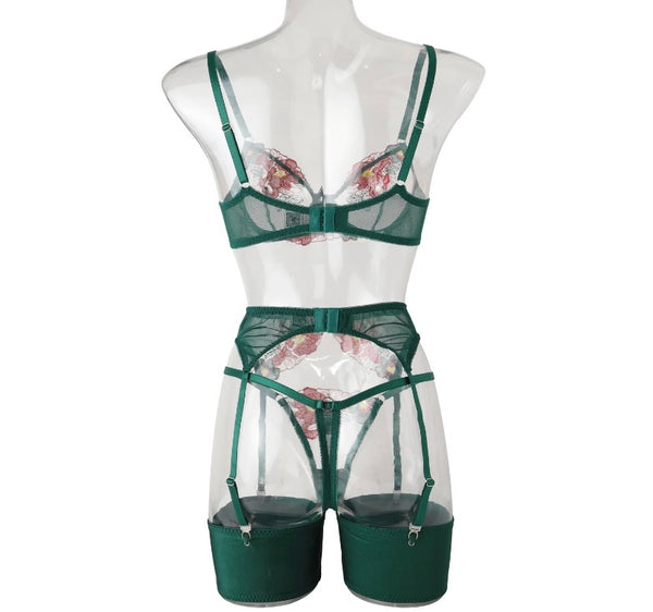 Women Sexy Green Floral G-String Lingerie Set