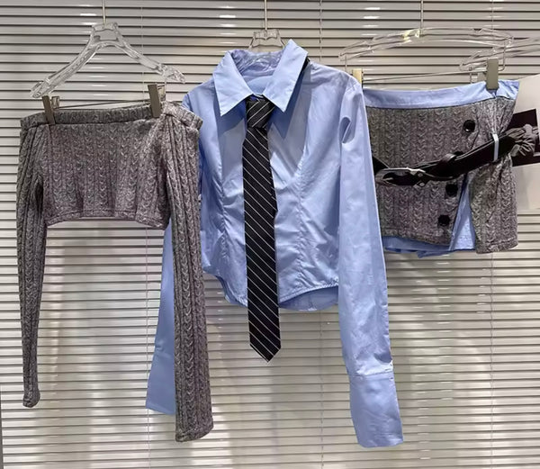 Women Fashion Tie Button Up Knitted Three Piece Skirt Set