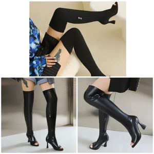 Women Black Open Toe Over The Knee Fashion Boots