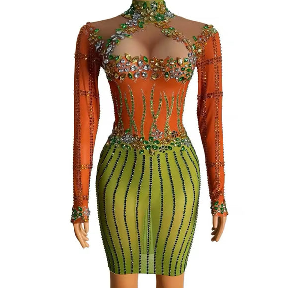 Women Sexy Rhinestone Color Patchwork Full Sleeve Mesh Dress