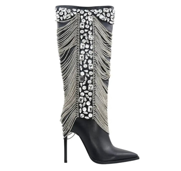 Women Black Fashion Bling Tassel Knee High Boots