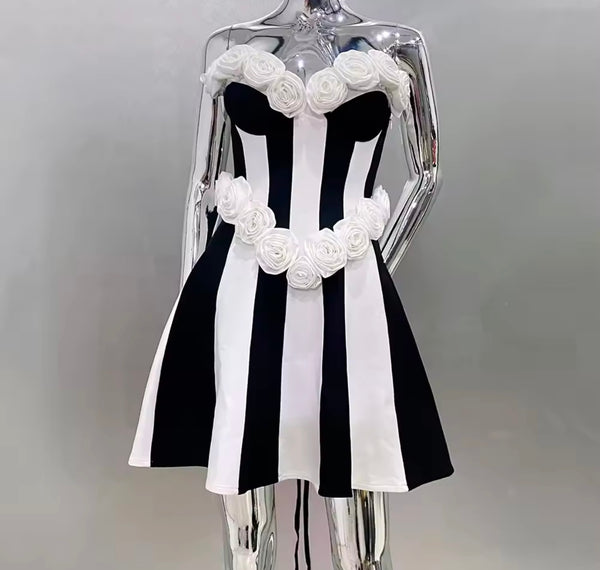 Women Sexy Strapless B&W 3D Floral Corset Dress