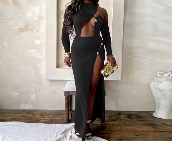 Women Sexy Cut Out Full Sleeve Side Split Maxi Dress