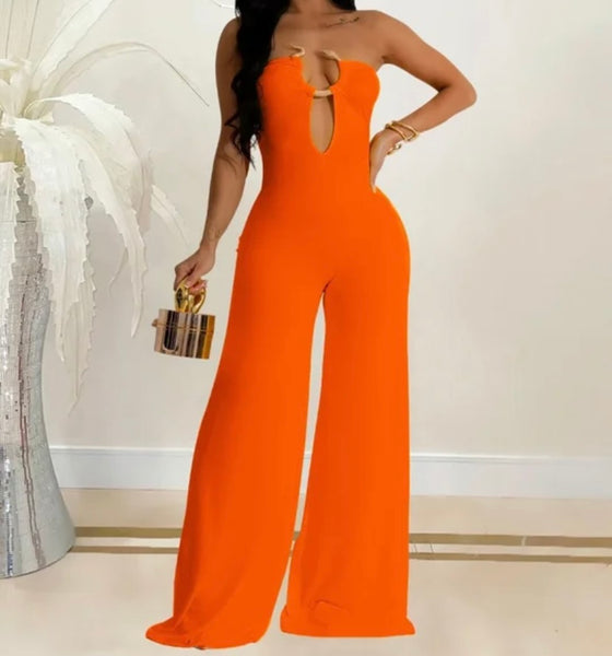 Women Sexy Strapless Metal V-Neck Wide Leg Jumpsuit