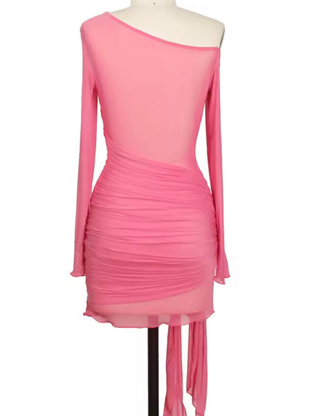Women Sexy Full Sleeve Mesh Tie Up Tassel Ruched Dress