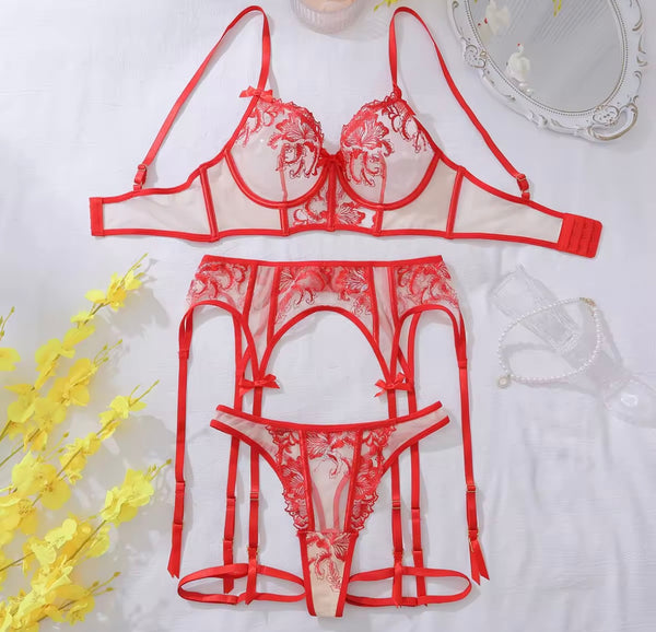 Women Sexy Red Floral Mesh Lingerie Set