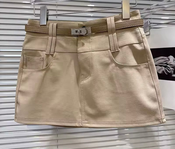 Women Color Fashion Rhinestone Belted Skirt